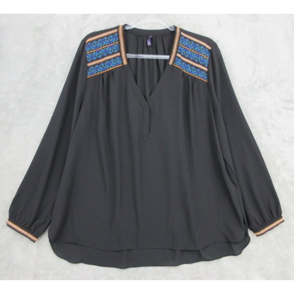 NYDJ Blouse Women XL Petite Embroidered Pheasant Boho Relaxed Boxy Western Black